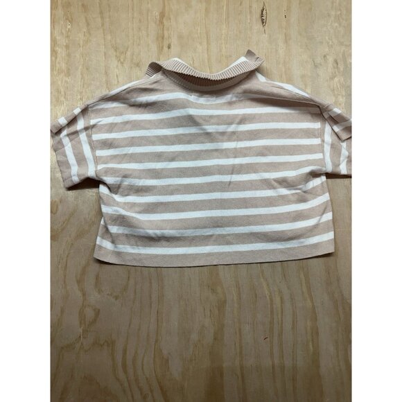 Anthropologie Women’s Oversized XS Cropped Sweater Tan White Striped Collar - Picture 3 of 7